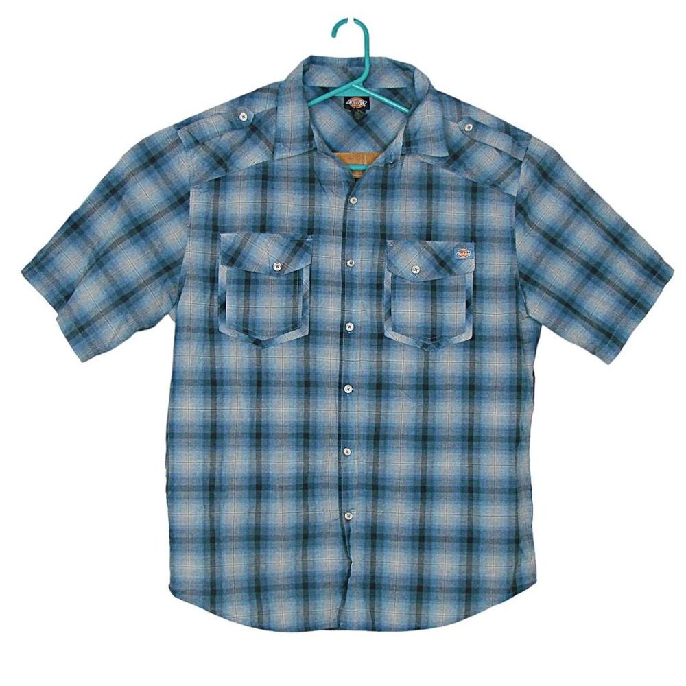 Dickies Shirt Mens Blue Gray Black Plaid Button Up Work Dress Front Pockets 2XL